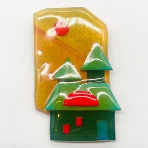 House Pins by Lucinda Cottage Brooch Resin Whimsical Art Landscape Green Red 2.5